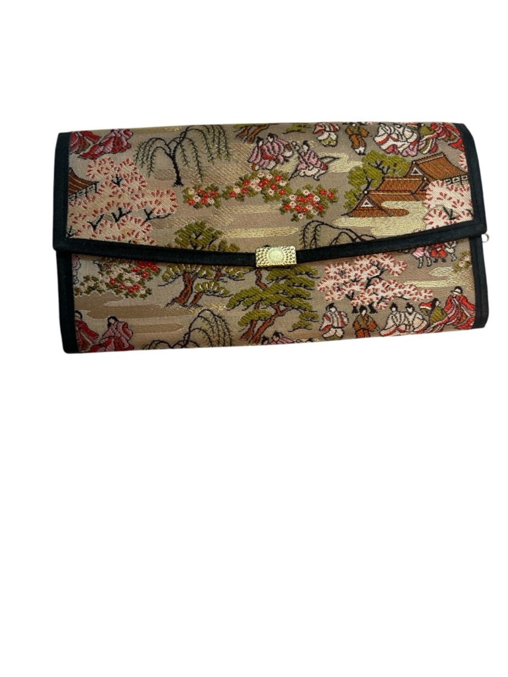Elegant Embroidered Oriental Scene Clutch - Black Trim